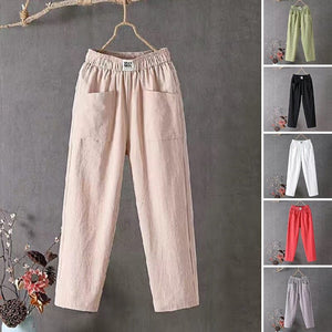 Pantalon décontracté en coton et lin à taille élastique