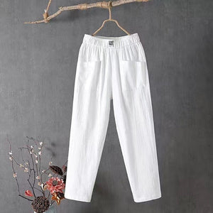 Pantalon décontracté en coton et lin à taille élastique